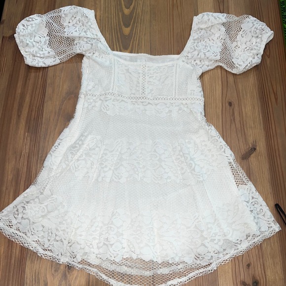 Free People‎ Women's White Lace Mini Dress Square Neck Short Sleeve Romantic - Picture 5 of 13